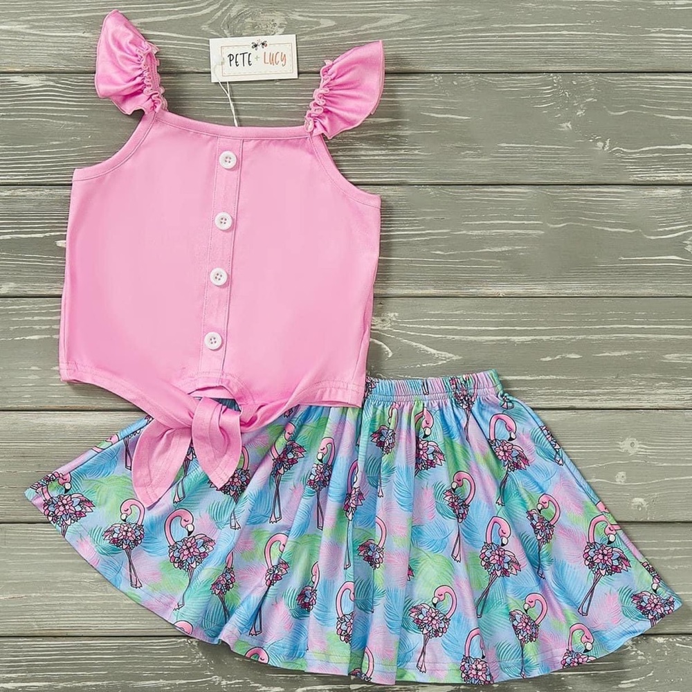 Pete & Lucy Flowery Flamingo Skirt Set